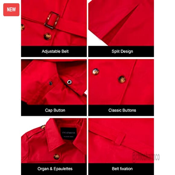 Women's Trench Coat Double-Breasted Belted Slim Fit Detachable Hood - Picture 6 of 6